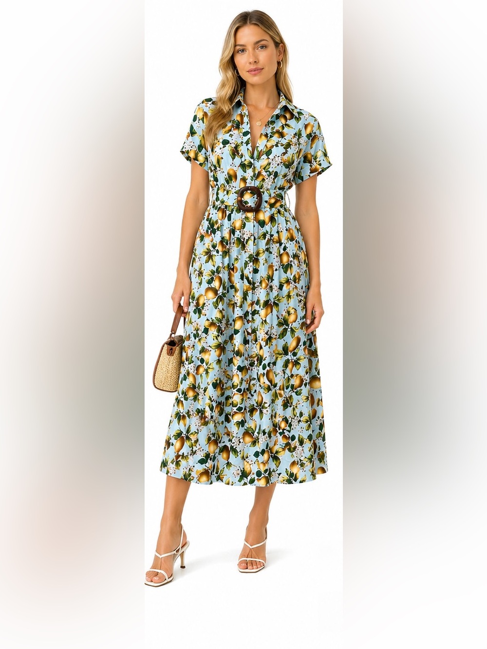 Zara Lemon Print Midi Shirt Dress Blue Belted Summer Large